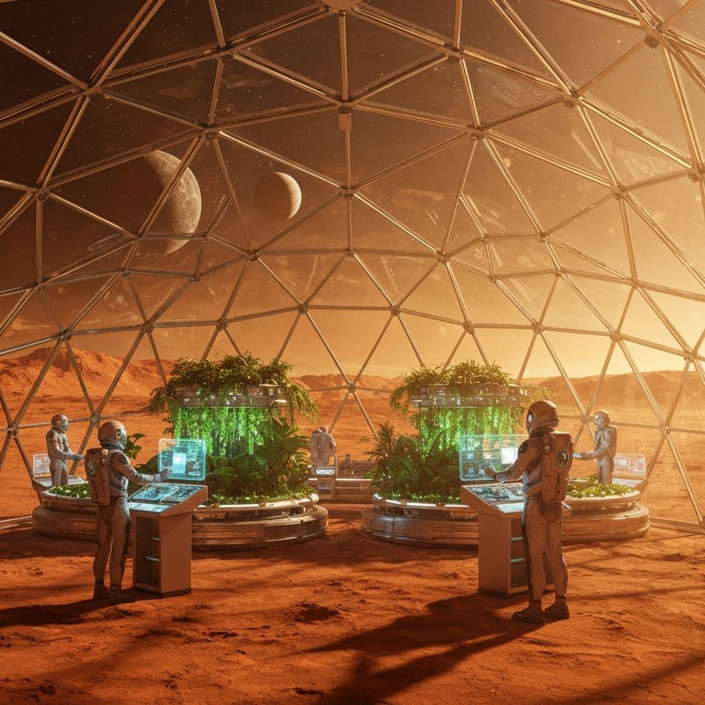 Astronauts operating inside a geodesic dome on Mars with Phobos and Deimos visible